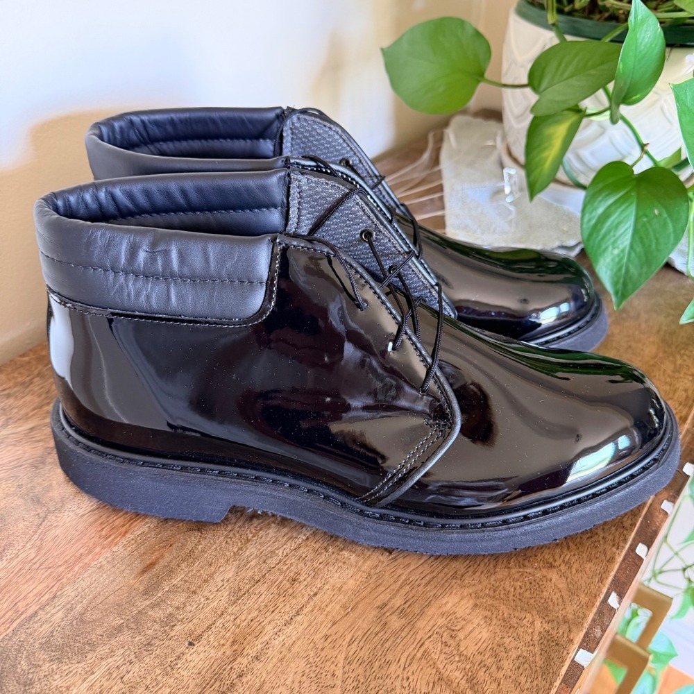 Bates High Gloss Chukka Boots Mens 10.5D Black Patent Uniform Duty Shoes Lace Up